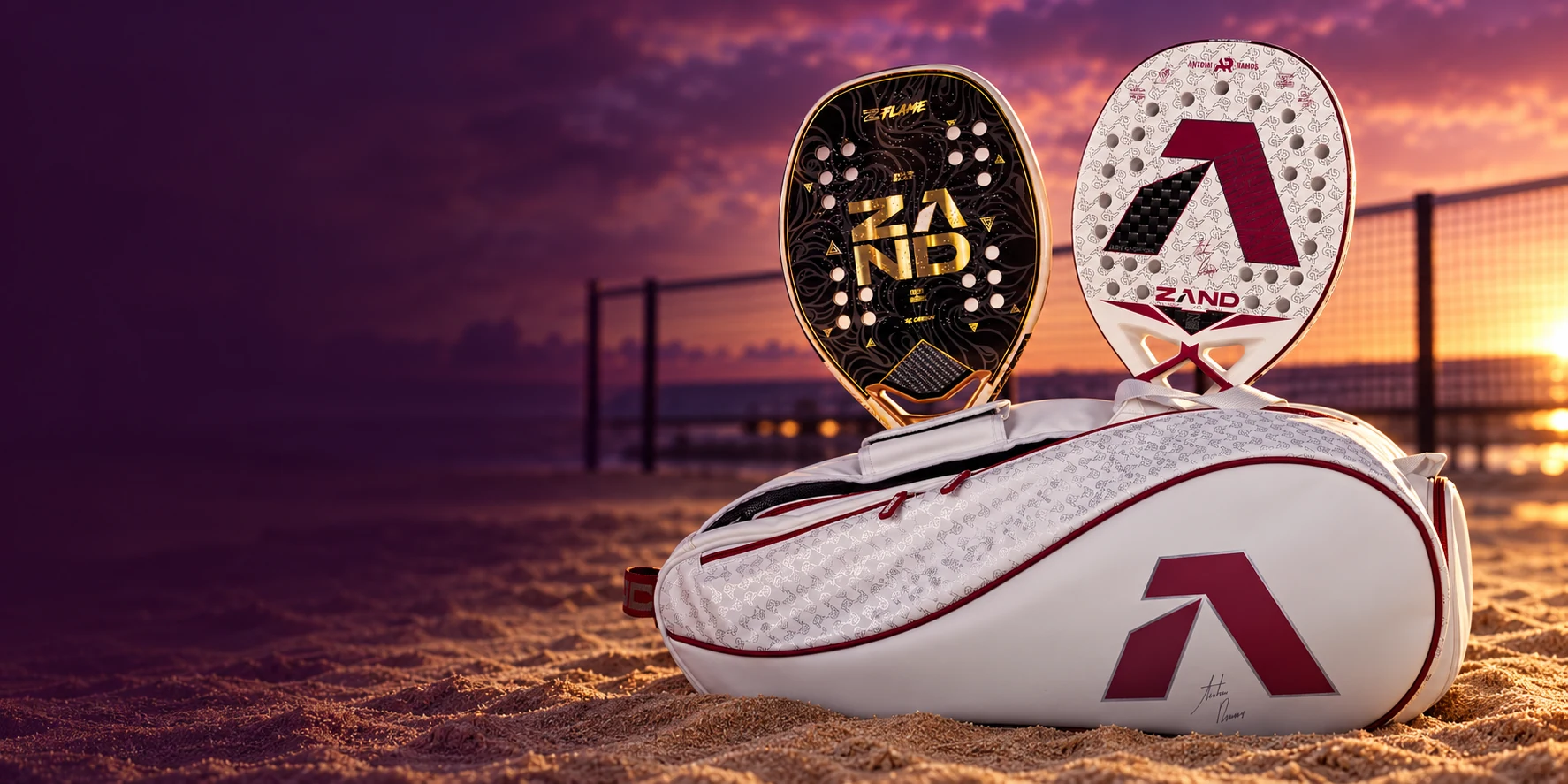 Raquetes Zand Z-Flame e Z-Bruxo com raqueteira Bruxo Pro branca e bordô